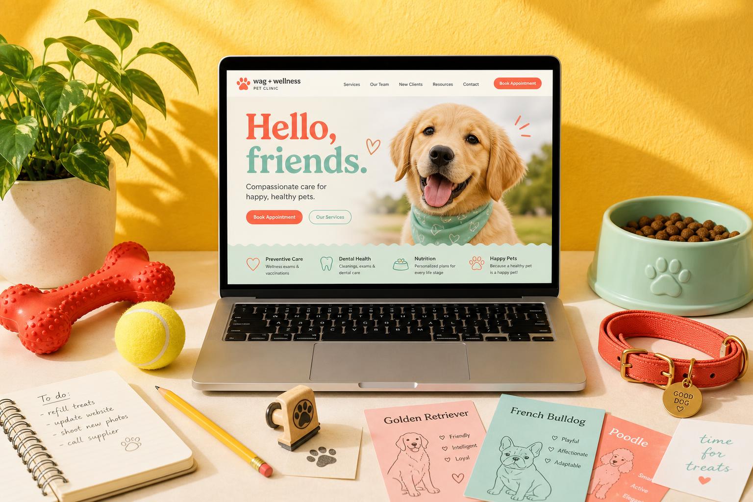 A veterinary clinic website on a laptop next to a golden retriever resting in soft morning light